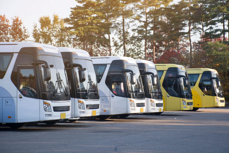 row of shuttle busses in parking lot