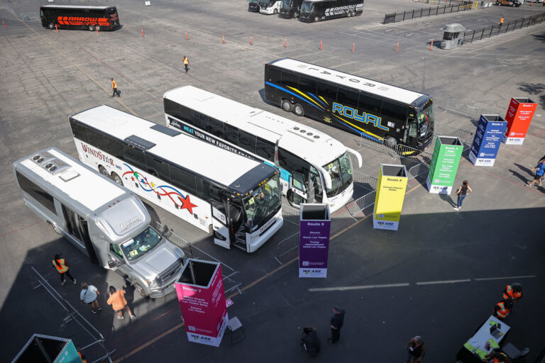 overview image of shuttle busses in parking lot