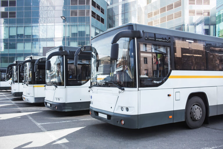 line of shuttle busses in parking lot